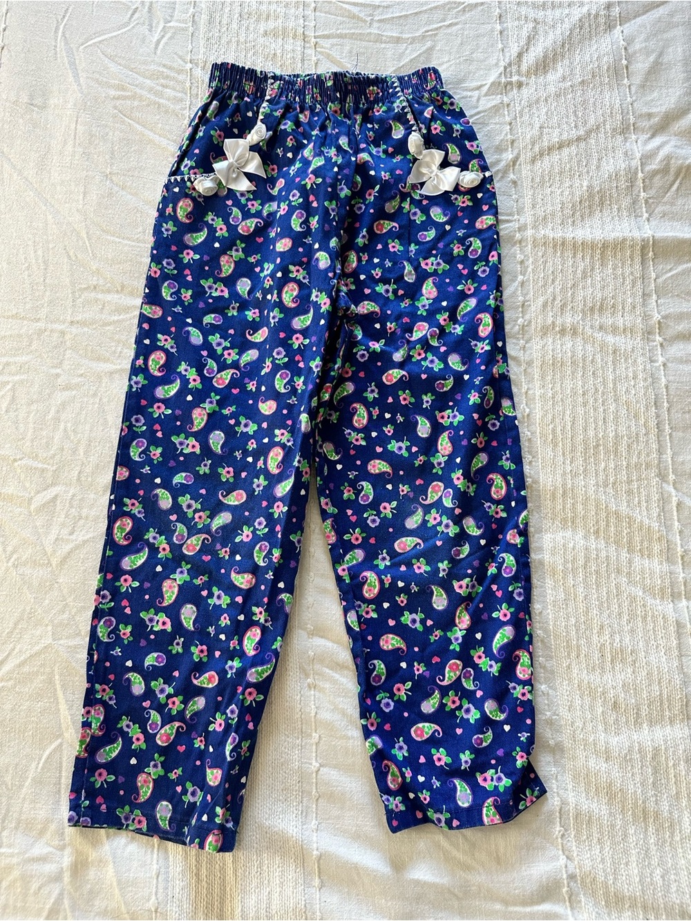 Vintage Girls 6X Buster Brown Navy Paisley Pants with White Bows